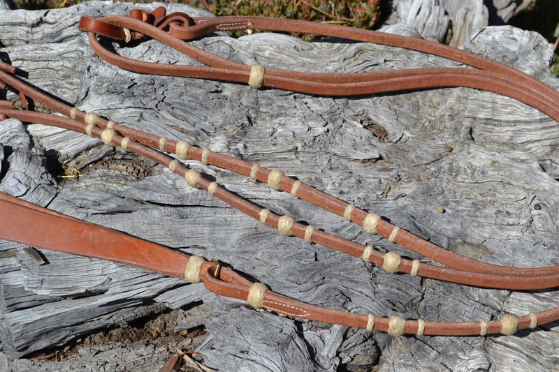 Jose Ortiz 1/2" Flat Harness Romel Reins 4 Braided Natural Rawhide Knots