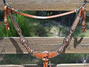 Front View Sharon Camarillo Diamond Sure Fit Breast Collar with Tan Faux Gator Overlay and Copper Conchos.  Includes latigo tie down holder and  wither strap. 