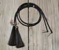 Close Up View natural horse hair stampede string with cotter pin attachments.    Black