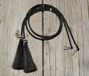 Close Up View natural horse hair stampede string with cotter pin attachments.    Black