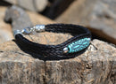 Close Up View  Awesome 3/8" wide, 3 Strand Braided Horsehair Bracelet with a lobster claw clasp and various colored beads. Black/Turquoise