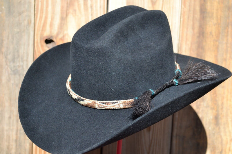 Reversible 1/2" Hand Hitched Horse Hair Hatband  - Chestnut/Turquoise, Tan/Brown