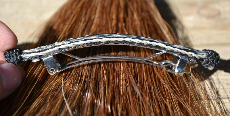 Close Up Side View Awesome 1/2" wide x 4" long, 3 Strand Braided Natural Horsehair Barrette.  