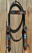 Circle Y of Yoakum -  2021 Hand Painted Blue Flower Browband Headstall.   Headstall is walnut with vintage background.    Horse sized, the crown measures 44" from bit end to bit end on the longest setting and adjustment to make up to 8" shorter.   