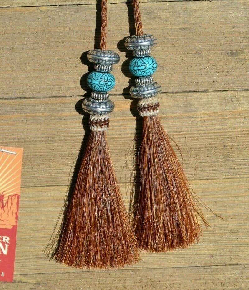 Super Close Up Detail View natural horse hair Stampede String with beads and horse hair tassels and cotter pin attachments.  Chestnut-SilverRB/Turquoise/SilverRB