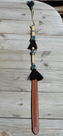 Beautiful Jose Ortiz  Braided Rawhide Quirt Whip with Hitched Horsehair Knots and Hand Tooled Leather Popper.   Natural colored rawhide with turquoise blue and black details. 