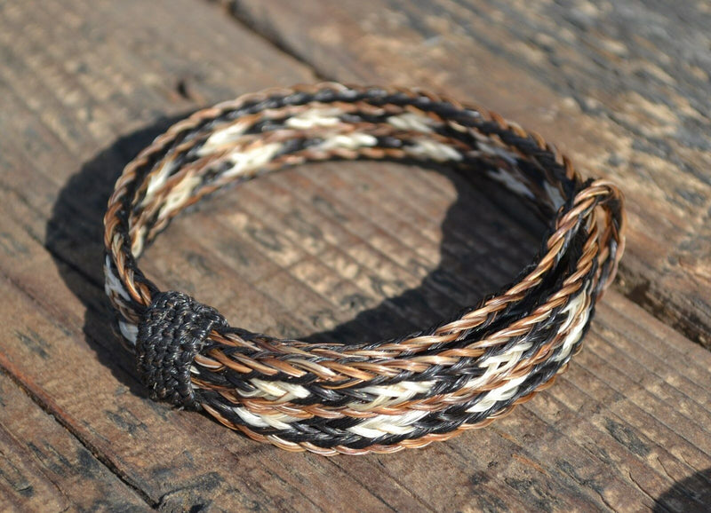 Close Up View Awesome 5/8" wide, 5 Strand Braided Horsehair Bracelet with sliding knot. Sorrel/Black/White/Sorrel