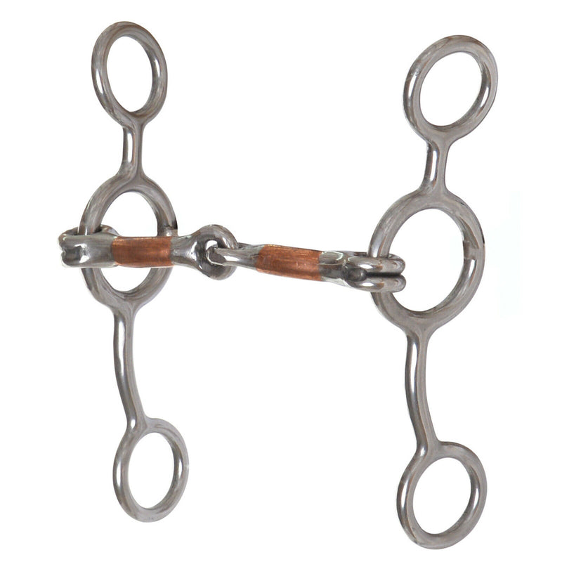 Reinsman - Stage B - Jr. Cowhorse Pony Bit, 5" cheeks, 3 1/2" Mouth, 3/8" Snaffle.  The Jr. Cowhorse bit helps to get your horse's legs underneath him and his rear end down.  The short gag action collects a horse very well.  The snaffle mouthpiece is our most popular and is light enough to pull young colts around without damagining their mouth.   Designed same quality as the horse bit, but in a small pony/mini size.
