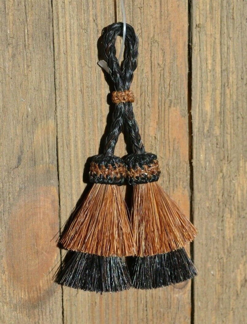 Close Up View 2" Double two Bell mule tail cut natural and brightly colored tassels. Handmade from horsehair dyed in bright colors as well as natural.    Brown/Black