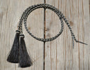 Close Up View natural horse hair stampede string with cotter pin attachments.     Black/White/Black