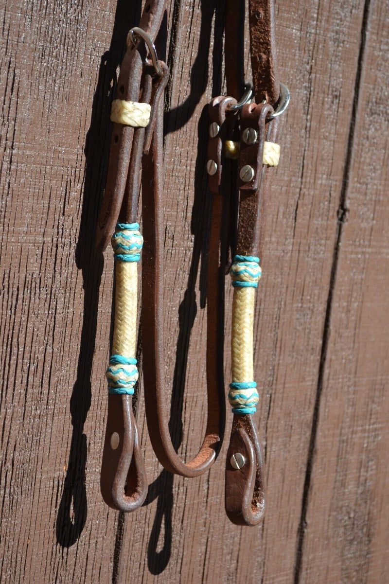 Jose Ortiz Heavy Oil Harness Browband Headstall Natural/Turquoise Rawhide