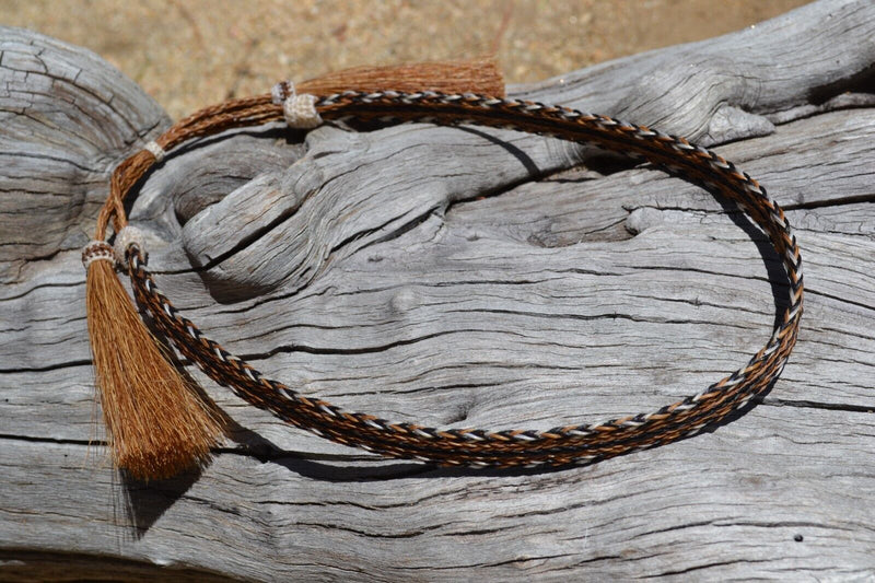1/2" Hand Braided 5 Strand Horsehair Hatband Double Tassels - Sorrel/Black/White