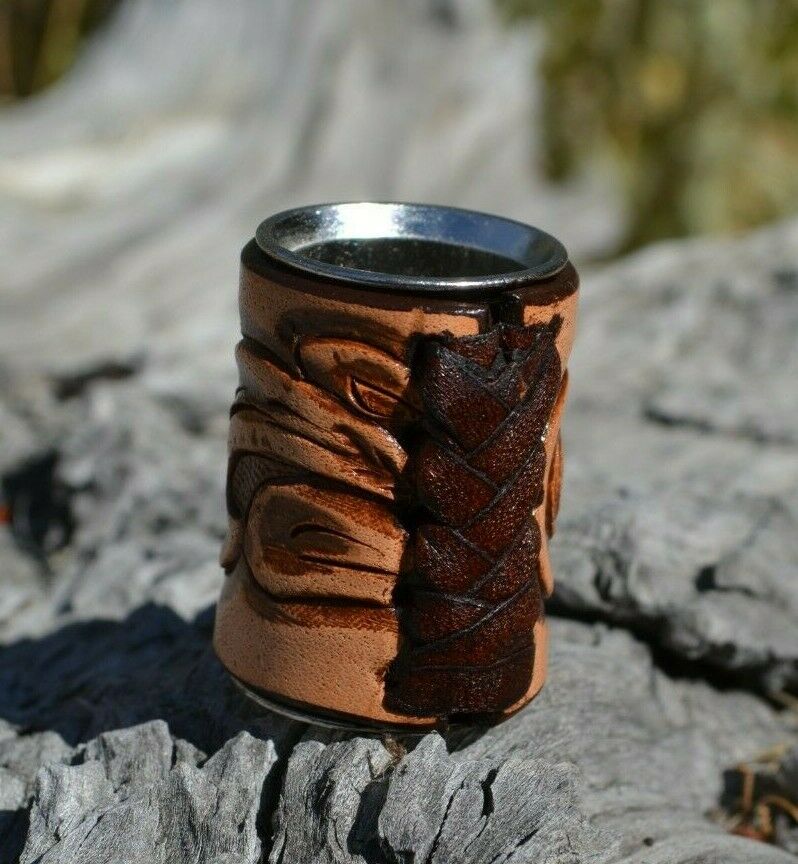 Close Up Leather Braiding Brand new,  Western Style Hand Carved Floral Swirl Leather Scarf Slide.   Slide measures W 1" x  H 1 1/2" x D 7/8".  Smooth stainless steel inside will slide nicely over most fabrics without out snagging.     Available in a variety of colors.  