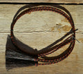 Close Up View natural horse hair stampede string with cotter pin attachments. Black/Rust/Black