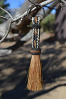 Close Up View 3/8" wide, 3 Strand Braided Horsehair Key Chain. This shorter style is 5 1/2" including the key ring.    White/Black/Sorrel