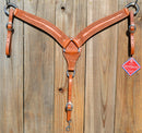 Reinsman Heavy Duty 2" Double Ply Leather Breast Collar with Hand Carved with Snake border tooling.  Light honey color leather.  Stainless steel hardware and tugs and cinch drop.   1" x 12" adjustable tugs. 