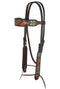 Circle Y of Yoakum -  2021 Hand Painted Metallic Flower and Leaves Browband Headstall.   Headstall is walnut with vintage background.    Horse sized, the crown measures 44" from bit end to bit end on the longest setting and adjustment to make up to 8" shorter.   