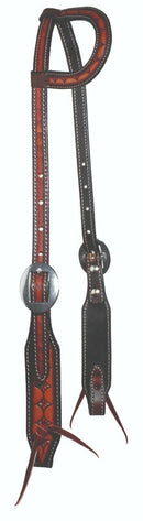 Sliding one ear headstall with diamond tooling with two-tone chocolate colored leather and natural tooling. Stainless steel hardware.  Ties at bit ends. Horse size.