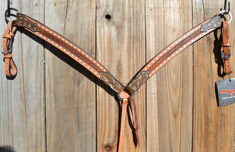 Circle Y of Yoakum - Antique Finish Shaped 3-Piece Breast Collar with Tan/Turquoise Faux Gator and white buckstiching and Tooling.  Latigo tie down keeper is included.  Stainless steel hardware.   12" adjustable tugs.  Horse size. 