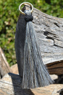 Close Up View 6" - Shu-fly tassels with Brass Ring. Handmade from 100% natural mane horsehair in natural horsehair colors.        Grey