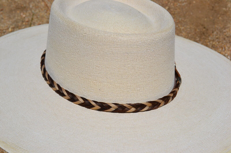 1/2" Hand Braided Horsehair Hatband with Leather and Buckle - Brown/White