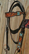 Circle Y of Yoakum -  2021 Hand Painted Metallic Flower and Leaves Browband Headstall.   Headstall is walnut with vintage background.    Horse sized, the crown measures 44" from bit end to bit end on the longest setting and adjustment to make up to 8" shorter.   