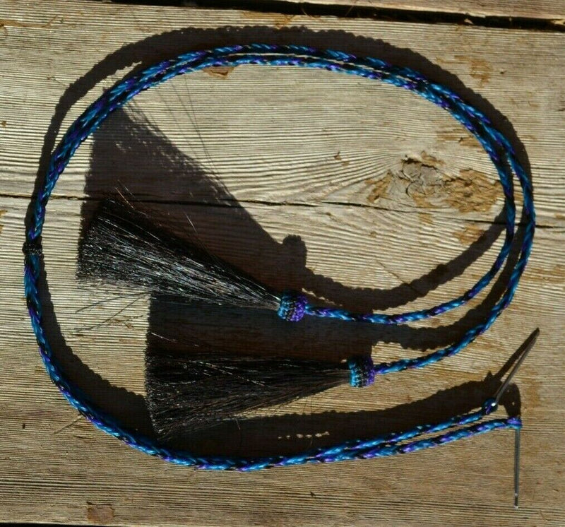 Close Up View natural horse hair stampede string with cotter pin attachments. Black/Purple/Turquoise
