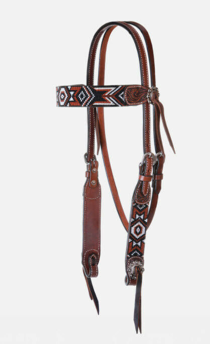 Circle Y of Yoakum - Browband Headstall with Brown / White / Black Beaded Southwest Overlay.  Dark chestnut leather and replaceable buckles.  Latigo ties and conchos at bit ends. Horse sized, the crown measures 46" from bit end to bit end on the longest setting and adjustment to make up to 8" shorter.