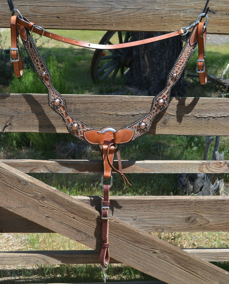 Front View Sharon Camarillo Diamond Sure Fit Breast Collar with Tan Faux Gator Overlay and Copper Conchos. Includes latigo tie down holder and wither strap. 