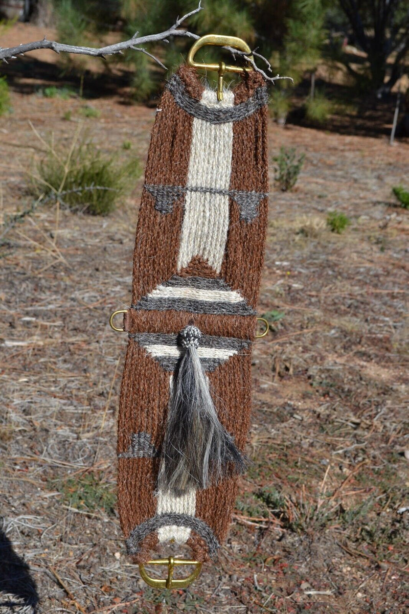 100% Mohair Vaquero Style Mane Hair Girth/Cinch w/Shu-Fly - Chestnut/Grey- 30"