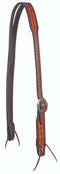 Split one ear headstall with diamond tooling with two-tone chocolate colored leather and natural tooling. Stainless steel hardware.  Ties at bit ends. Horse size.