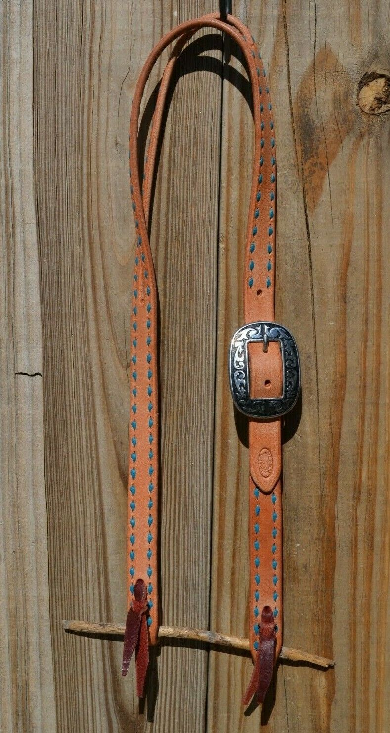 Jose Ortiz 1" One/Single Split Ear Headstall.  Constructed of single-ply natural harness leather with turquoise blue leather buckstitched by hand. 