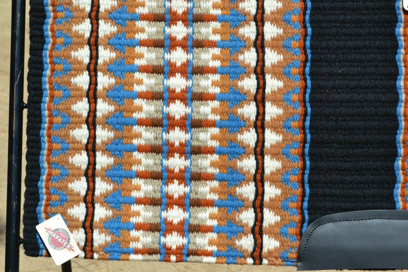 Close Up View Mayatex Custom Show Saddle Blanket Pad 40"x 34"- Black/Ocean Blue/Tan/Cream