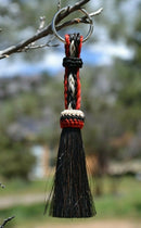 Close Up View 3/8" wide, 3 Strand Braided Horsehair Key Chain. This shorter style is 5 1/2" including the key ring.   Red/Black/White