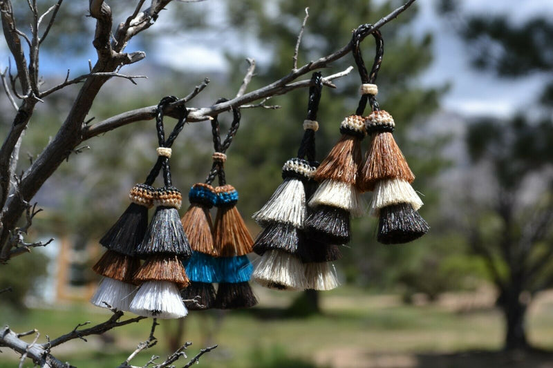 Close Up View Various Colors 4" triple mule tail cut Double Tassels. Handmade  horsehair dyed in bright colors as well as natural.  