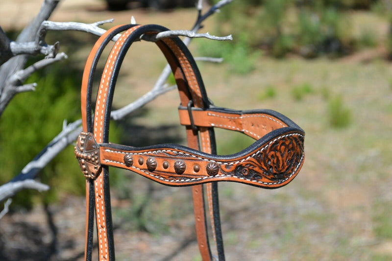 Close Up View Circle Y 5/8" Light Oil Antiqued Floral Tooled Browband Gag Cheek Headstall