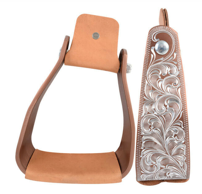 The offset design of the slanted stirrups is engineered to reduce stress on the rider's knees and back by keeping constant contact with the foot to the tread for stability and balance.  Made of heavy gauge aluminum construction with side engraving detail.  3" deep foot tread and 5.5" wide.  Available in Black or Brown.