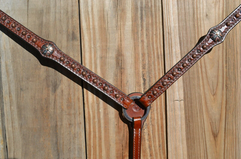 Circle Y of Yoakum - 1" Heavy Oil Breast Collar with tri-color antiqued conchos and copper spots and dots.  Hand tooled.    Stainless steel hardware.   3/4" x 12" adjustable tugs.