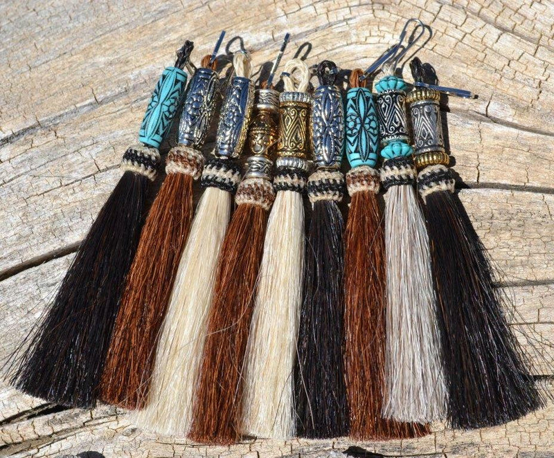 Close Up View Various Colors 4 1/2" total length natural horsehair zipper pull with spring clip.  Handmade from 100% natural mane horsehair various colors and beading pattern. 