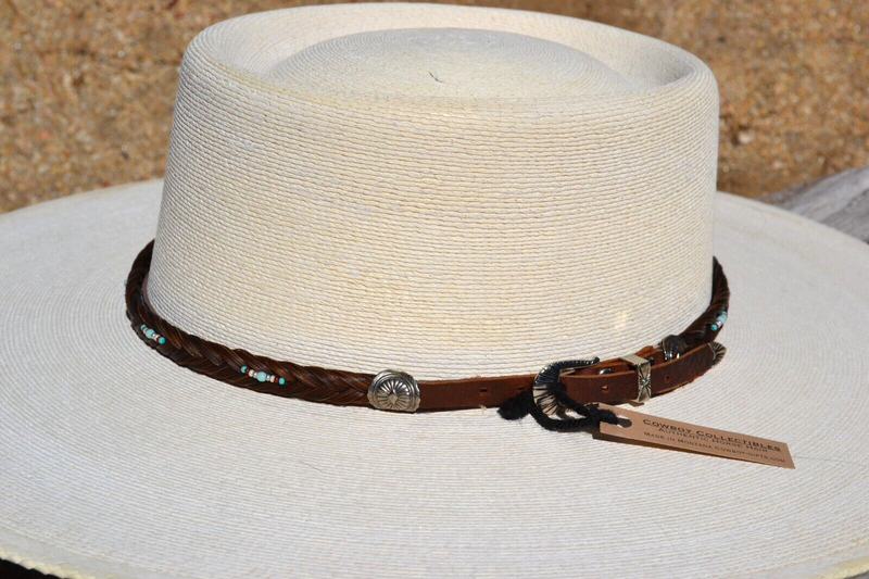 1/2" Hand Braided Brown Horsehair Hatband, Leather/Buckle - Blue/White/Red Beads