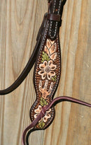 Close UP View Tie Ends. Circle Y of Yoakum -   Scalloped Browband Headstall with Antiqued Vintage Wash and  Hand Painted Desert Racer Tooling.  Leather ties at bit ends.     Horse size.