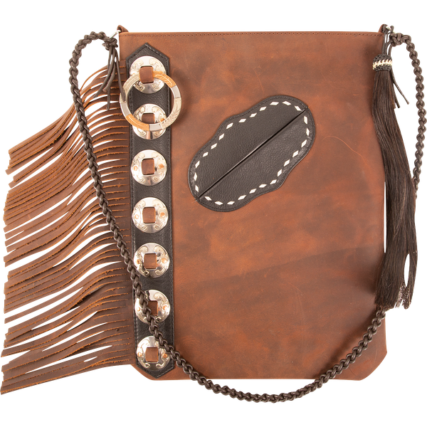 Distressed Leather Western Style Concho Fringed Tote Purse Handbag