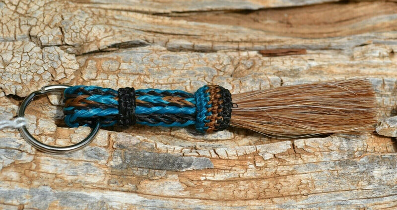 Close Up View 3/8" wide, 3 Strand Braided Horsehair Key Chain. This shorter style is 5 1/2" including the key ring.    Turquoise/Sorrel/Turquoise/Sorrel