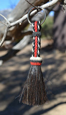 Close Up View 3/8" wide, 3 Strand Braided Horsehair Key Chain. This shorter style is 5 1/2" including the key ring.    Red/White/Black
