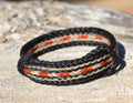 Close Up View Awesome 5/8" wide, 5 Strand Braided Horsehair Bracelet with sliding knot. Black/Orange/White