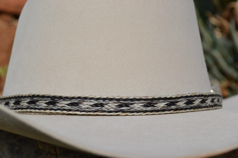 1/2" Hand Braided 5 Strand Horsehair Hatband Double Tassels - Grey/Black