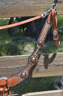 Close Up Front View Sharon Camarillo Diamond Sure Fit Breast Collar with Tan Faux Gator Overlay and Copper Conchos. Includes latigo tie down holder and wither strap. 
