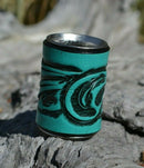 Turquoise - Brand new,  Western Style Hand Carved Floral Swirl Leather Scarf Slide.   Slide measures W 1" x  H 1 1/2" x D 7/8".  Smooth stainless steel inside will slide nicely over most fabrics without out snagging.     Available in a variety of colors.  