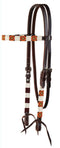 Circle Y of Yoakum - Unique Infinity Wrap Browband Headstall with brown, red, yellow and white. Dark oil leather and replaceable buckles.  Ties at bit ends.