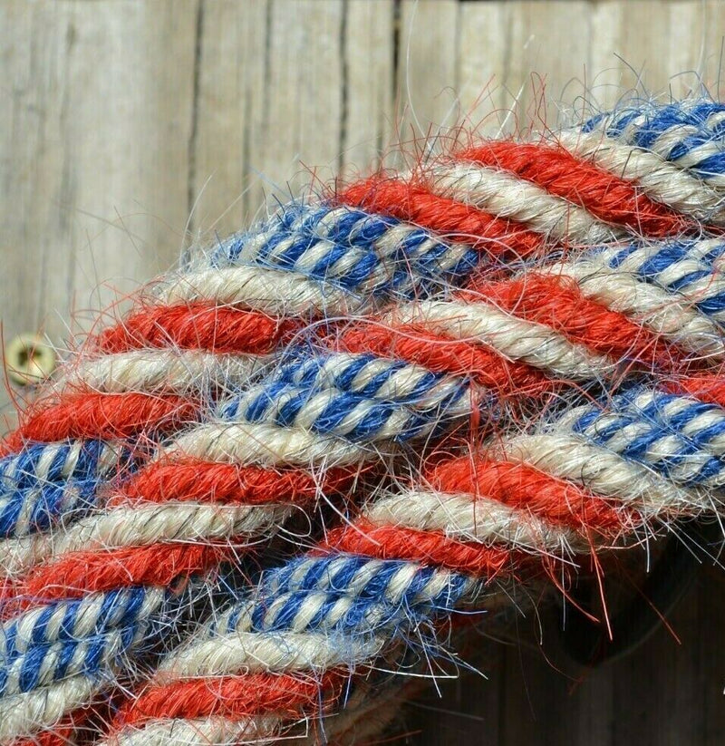 Close Up View special Patriot Edition. Red White and Blue! Special Patriot Edition - Hand made by Jose Ortiz, 5/8" x 22' mecate made from 6 tightly hand twisted (not machine twisted) strands of red, white and blue color mane hair with a soft leather popper at one end turks head knot on the other.
